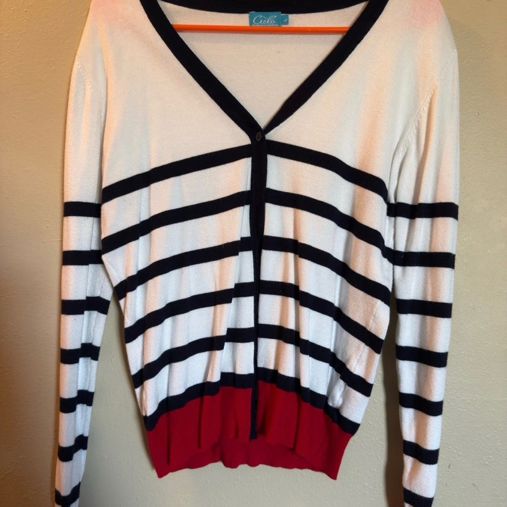 CAbi Striped V-Neck Cardigan - White, Black, Red
